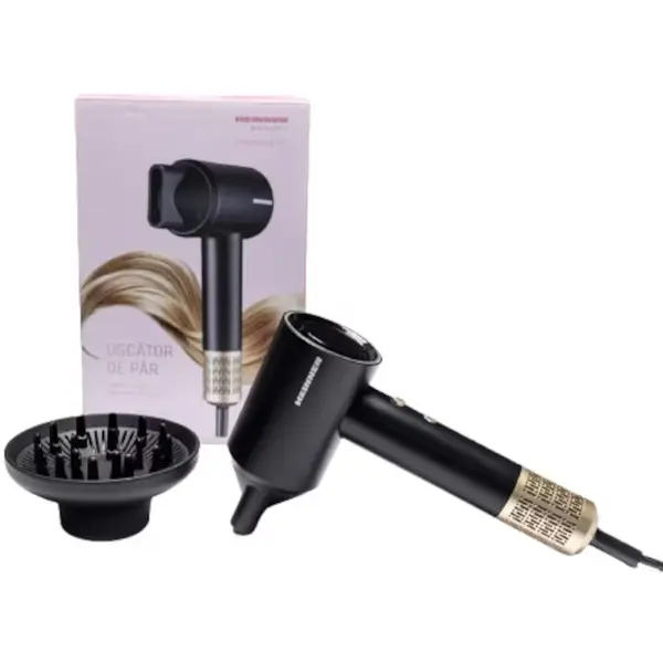 Uscator de par Heinner HHD-R16BLDC-BK, 1600W, 2 trepte putere, 3 setari temperatura, Display digital, Functie aer rece, Ionizare, Concentrator magnetic, Negru/Auriu