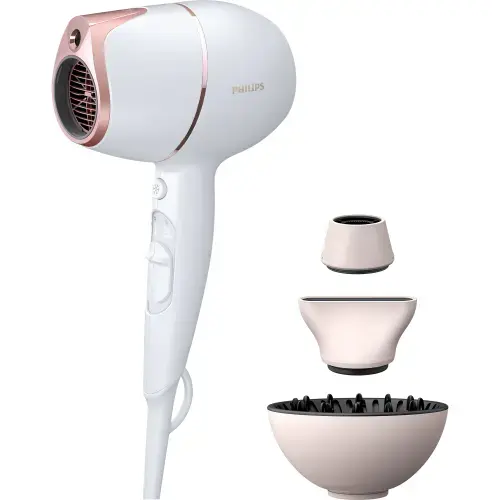 Uscator de par Philips Prestige BHD628/00, senzor SenseIQ, 2 setari viteza, 3 moduri presetate de uscare, ingrijire cu ioni, design compact, difuzor de volum, cap de coafare 11 mm, cap de uscare, 1800 W, Roz/Alb