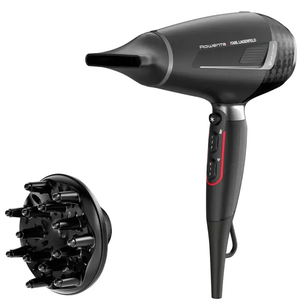 Uscator de par Rowenta x Karl Lagerfeld Pro Stylist CV888LF0, 2200W, tehnologia Rowenta Air-to-Care, invelis Keratin & Glow, 3 accesorii, jet de aer rece, cablu 1.8m, negru & gri