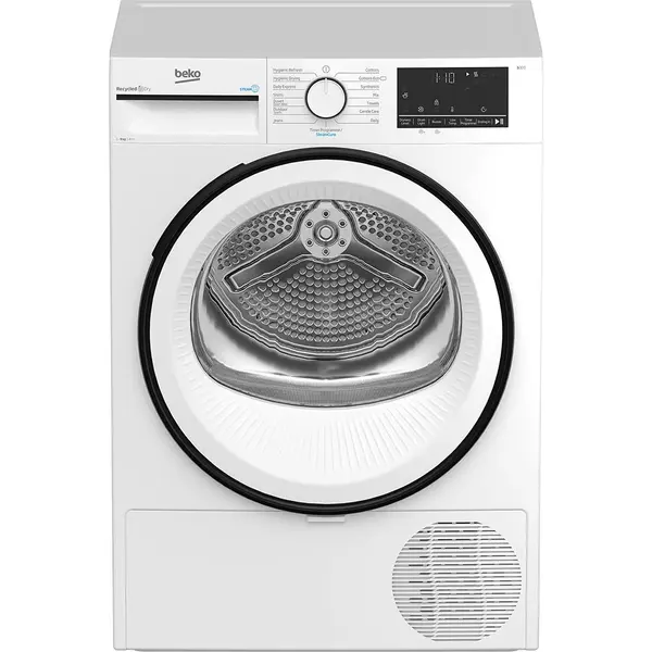 Uscator de rufe Beko B3T43230, 9 kg, SteamCure, RecycledDry, Eco Gentle, OptiSense, Aquawave, Hygienic Refresh, Alb, Clasa E