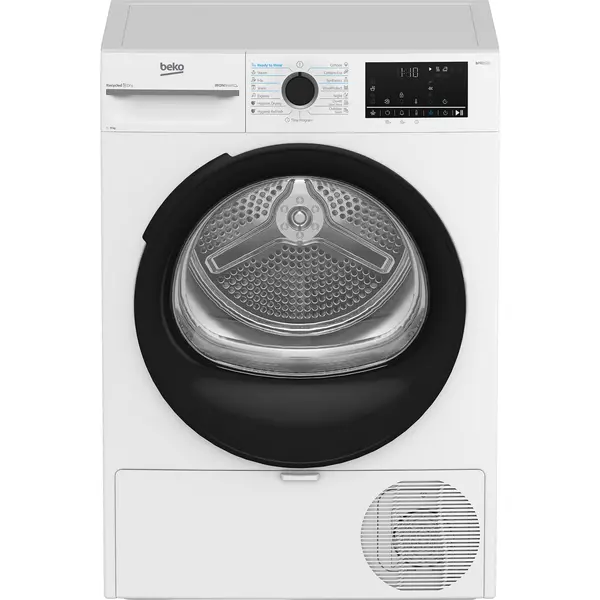 Uscator de rufe Beko BM3T41233WBEU, Pompa de caldura, 11 kg, 15 programe, Digital Display, Iron finish, ProSmart Inverter, Aquawave, Hygienic Drying, Alb, Clasa D