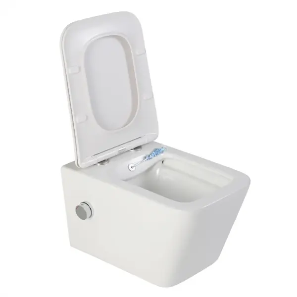 Vas wc suspendat cu functie bideu, dreptunghiular, apa calda rece, rimless, capac soft close, baterie crom Foglia Safari