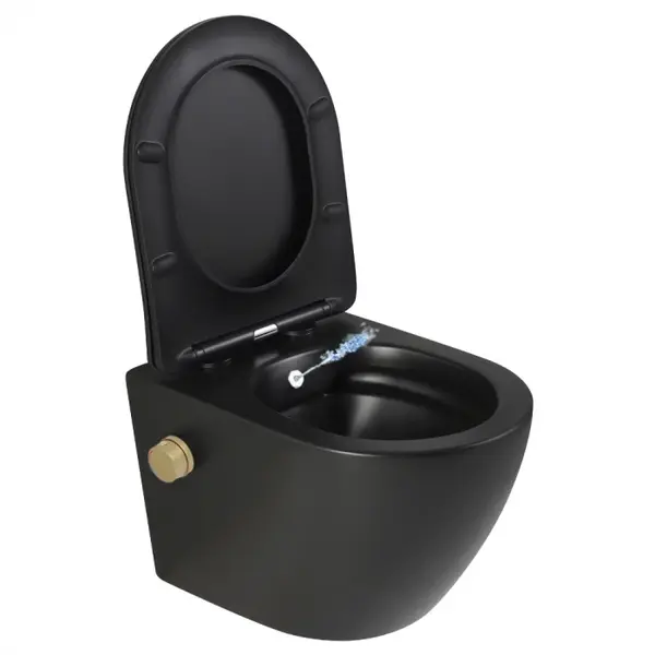 Vas wc suspendat cu functie bideu, negru mat, apa calda rece, rimless, baterie inclusa auriu mat Foglia Oslo
