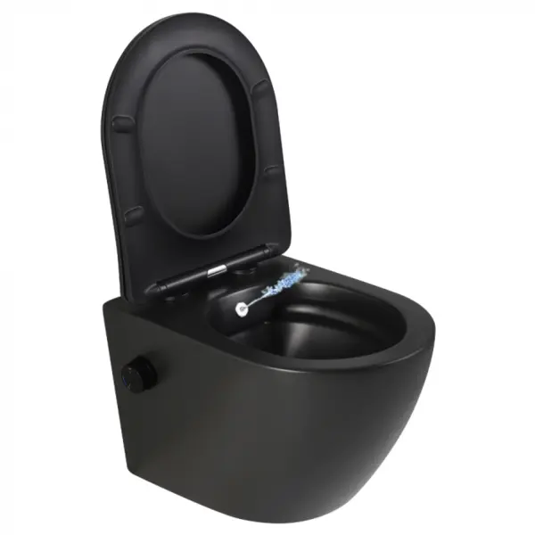 Vas wc suspendat cu functie bideu, negru mat, apa calda rece, spalare rimless, baterie inclusa Foglia Oslo
