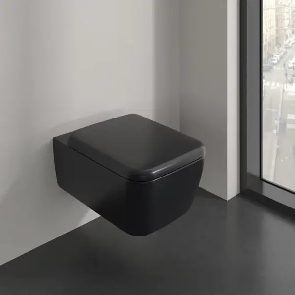 Vas wc suspendat, negru, evacuare orizontala, capac inclus, Villeroy Boch Skyla TwistFlush
