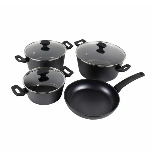 Vase din Aluminiu, Capace din Sticla Termorezistenta, Strat Neaderent, Compatibile cu Plita cu Inductie, 7 Bucati