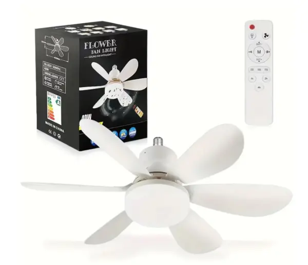 Ventilator de tavan cu LED 40W tip bec control de la distanta 52cm x 20cm alb