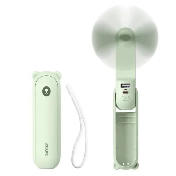 ventilator portabil de mana jisulifel, life8, autonomie 12-21h, baterie 2000mah, functie power bank, lanterna led, design pl