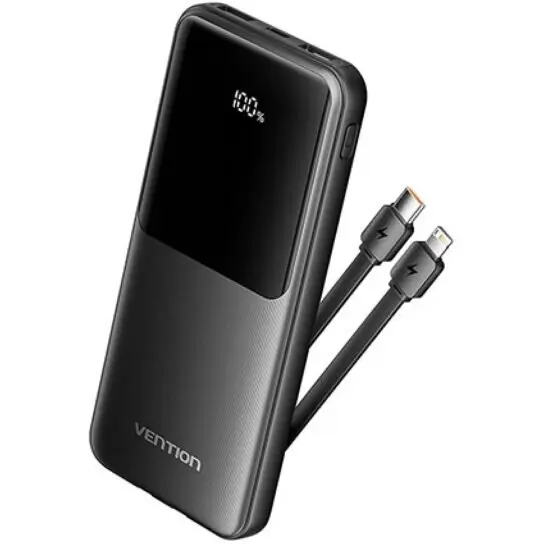 Vention POWER BANK Vention 10.000 mAh, 22.5W PD 20W, QC, 1x USB-C, 2x USB-A, 1x micro USB (doar pt incarcare), cablu Ligtning si USB-C integrate, afisaj LED, cablu Lightning si USB-C integrate, 314g, negru