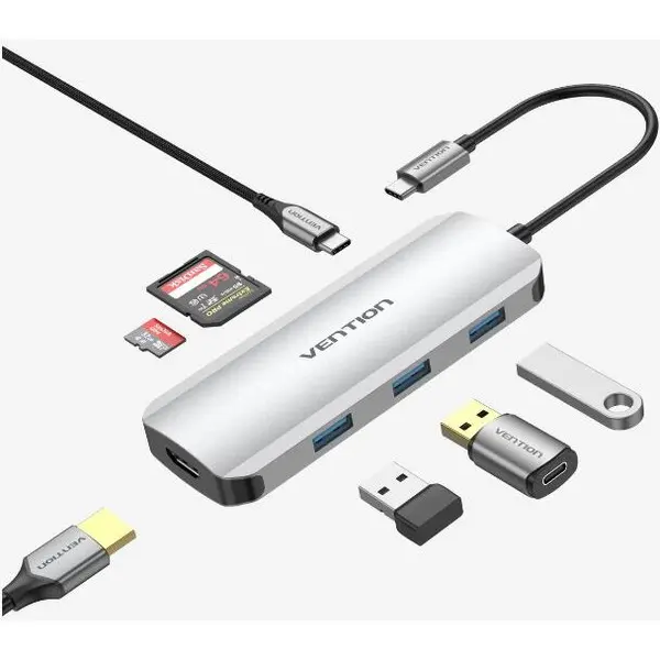 Vention Statie de andocare Vention TOJHB, HDMI(M), 3xUSB 3.2 gen1, PD 100W, SD-TF dual card slot, conec prin USB-C(T), transf 5 Gbps, aliaj Al si ABS, 1 Gbit, 4K, 30Hz, Argintiu