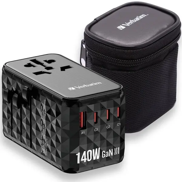 Verbatim Adaptor calatorie universal Verbatim 32125 GaN III, 140W, 2 x USB-C® PD 3.1 & QC 4+ 140W, 1 x USB-C PD 3.0 18W / 1 x USB-A QC 3.0 18W, Negru