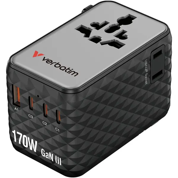 Verbatim Adaptor calatorie Verbatim GaN,170W, cablu retractabil, USB-C PD 3.1 QC4+ pana la 140W/USB-A QC 3.0 pana la 18W, Negru