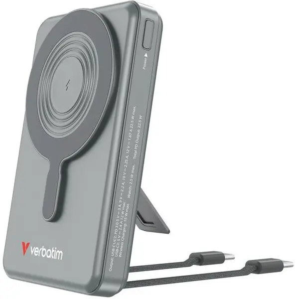 Verbatim Baterie externa portabila magnetica Verbatim 10.000mAh C'n'G, incarcare wireless, 2 cabluri USB-C si suport, Gri