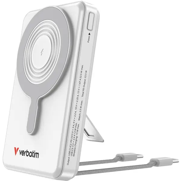Verbatim Baterie externa portabila Verbatim 10000mAh C'n'G, Incarcare wireless, 2 cabluri USB-C si suport, Inel magnetic, Argintiu
