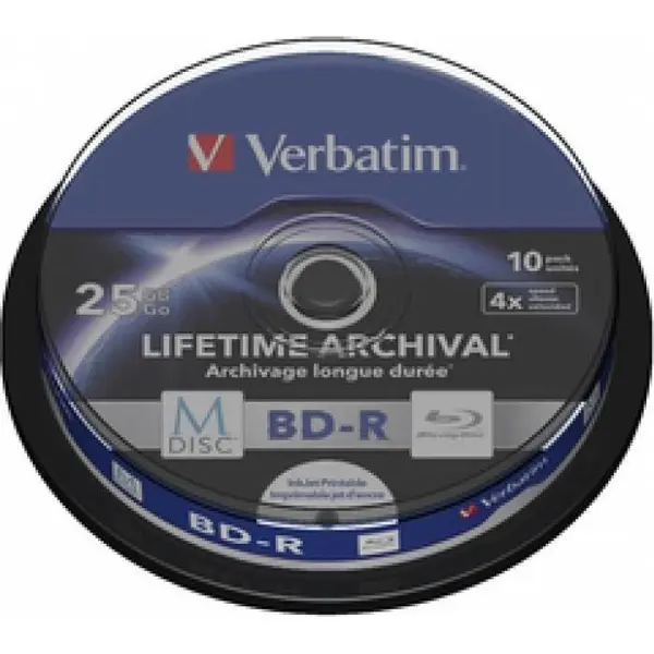 Verbatim Blank Bd-R M-Disc Verbatim 4x 25gb 10pk Spindle Inkjet Printable 43825
