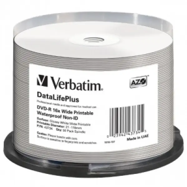 Verbatim Blank Dvd-R Verbatim .Dl+ 16x 4.7gb 50pk Spindle Wide Glossy Waterproof Printable Surface Non-Id 43734