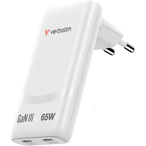 Verbatim Incarcator retea Incarcator Verbatim 32355 Fold 'n Go, 2x USB-C, Quick Charge 65 W, GaN, Alb