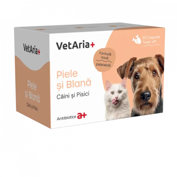 VetAria, Supliment piele si blana, caini si pisici, 60 capsule, twist off
