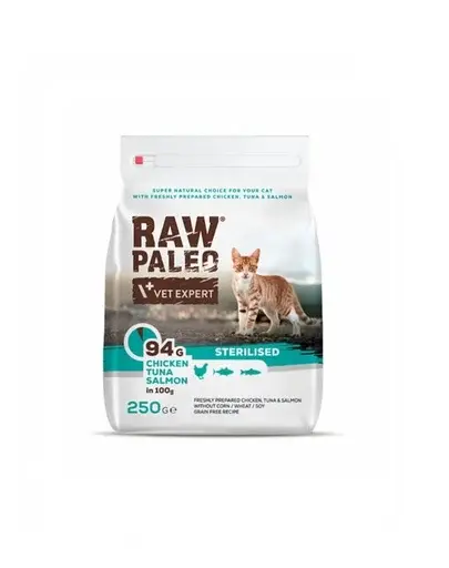 VETEXPERT Raw Paleo Sterilised Chicken&Tuna&Salmon Hrana uscata pisici sterilizate, cu pui, ton si somon 250 g