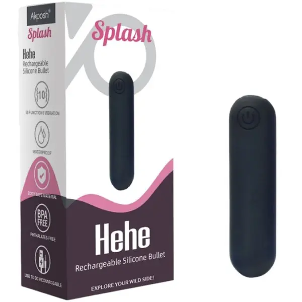 Vibrator bullet Armony – Splash Hehe, din silicon, 10 vibrații, negru, 6.5 x 1.5 cm