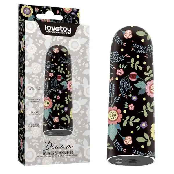 Vibrator tip Bullet LoveToy - Diana Massager, pentru stimularea clitorisului, negru cu flori