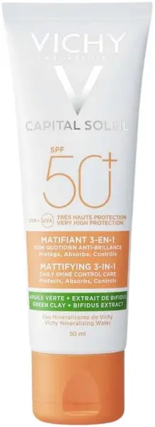 Vichy Capital Soleil Cremă de protecție solară matifiantă și corectoare 3 în 1, SPF50+, 50 ml