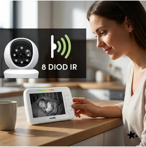 Video monitor pentru supraveghere bebe Malplay NannyEye Vision 5.0, camera rotativa HD, ecran LCD color, Li-ion 3000 mAh, cu melodii, zoom digital x4, semnal pana la 300 m