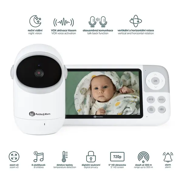 Video monitor PetiteMars Eve 5.0 Alb, ecran HD, autonomie pana la 16 ore, raza de actiune 300m, suport pentru pana la 4 camere, activare VOX la voce