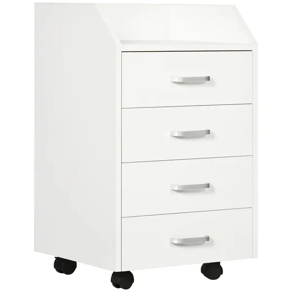Vinsetto Dulap Birou din Lemn cu 4 Sertare, Fiset Birou cu Roti si Margini Inaltate, 40x36x65cm, Alb