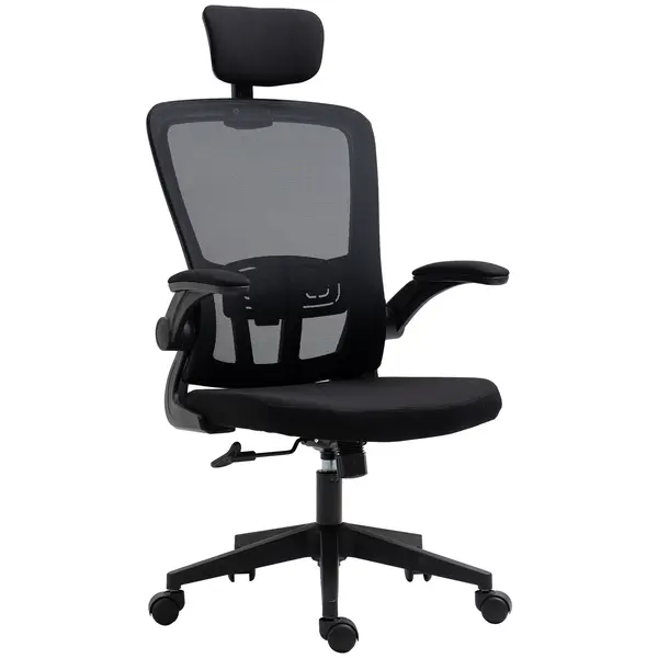 Vinsetto Scaun de Birou din Plasă Scaun de Birou Rotativ cu Înălțime Reglabilă Brațe Rabatabile Suport de Cap Reglabil 65x64x114-122 cm Negru | Aosom Romania