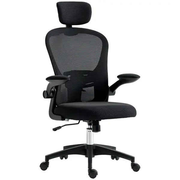 Vinsetto Scaun de Birou din Plasă Scaun de Escritorio Spătar Înalt Suport de Cap Ajustabil Suport Lombar 4D 62x64x120 cm Negru | Aosom Romania
