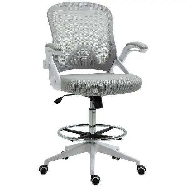 Vinsetto Scaun de birou ergonomic, cu înălțime reglabilă, suport picioare, brațe rabatabile, plasă respirabilă, 360° rotativ, gri/alb | Aosom Romania