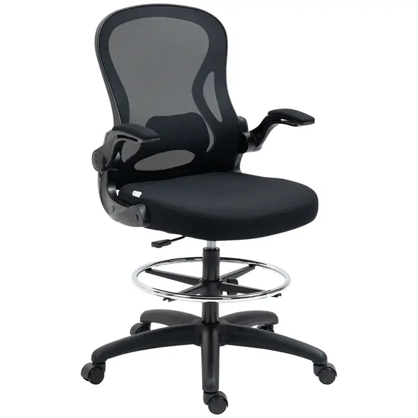 Vinsetto Scaun de Birou Ergonomic, Scaun Rotativ din Plasă, Reglabil pe Înălțime cu Suport pentru Picioare și Cotiere Rabatabile, Capacitate 120kg, Negru | Aosom Romania
