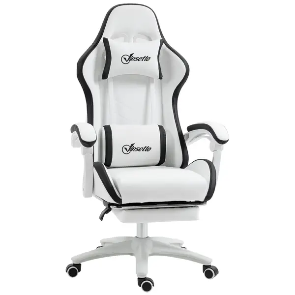 Vinsetto Scaun gaming scaun gaming cu spătar inclinabil la 135°, suport pentru cap și repose-pieds 65l x 65L x 121-129H cm alb și negru | Aosom Romania
