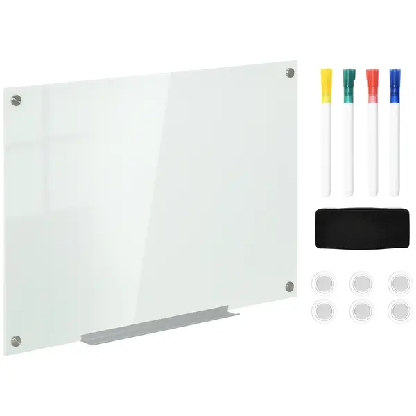 Vinsetto Tablă de Sticlă Albă cu 4 Markere și Burete de Șters 90x60x0.4 cm | Aosom Romania