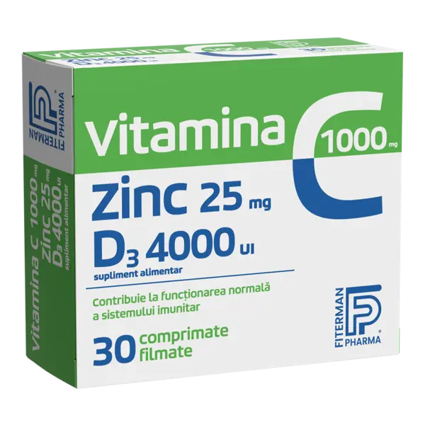Vitamina C 1000mg + Zinc 25mg + D3 4000UI, 30 comprimate, Fiterman