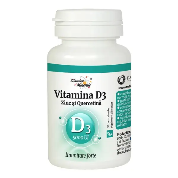 Vitamina D3 cu Zinc si Quercetina, 5000UI, 30 Comprimate, Dacia Plant