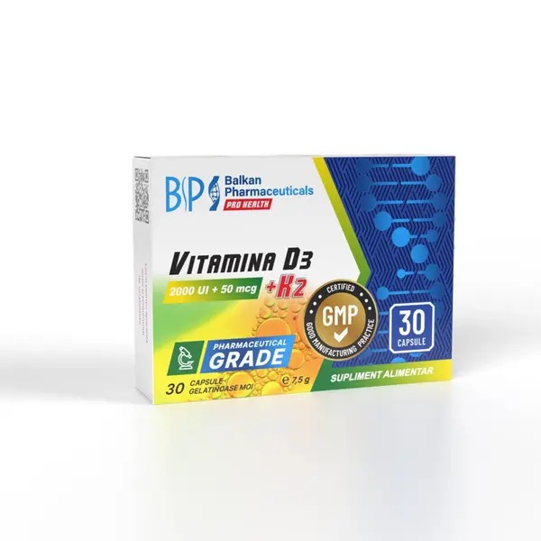 Vitamina D3 + K2, 2000UI + 50mcg, 30 caps.