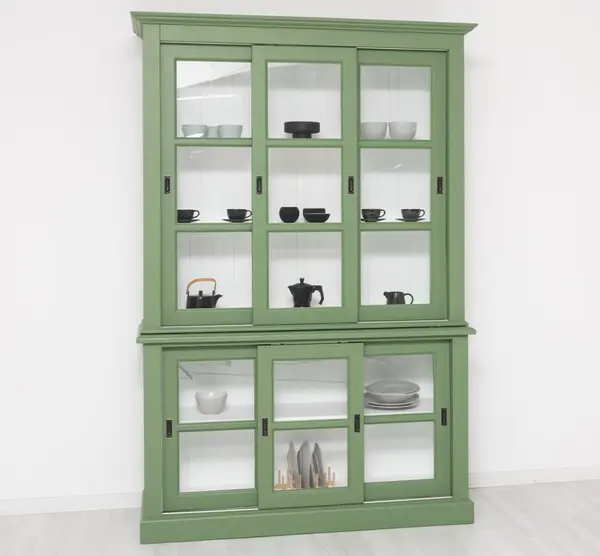 Vitrina bucatarie cu 3 usi sticla glisante BAS + 3 usi sticla glisante SUP cu finisaj Olive Drab / White