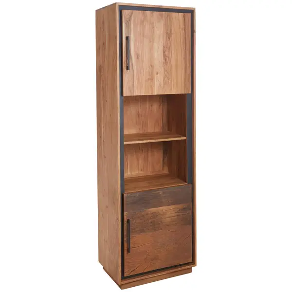 Vitrină, furniruit, masiv, acacia, lemn reciclat maro, culoare lemn acacia, gri închis