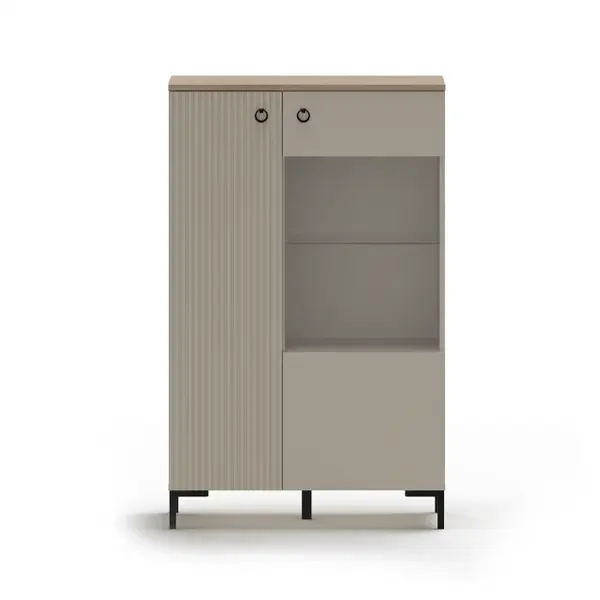 Vitrina joasa DOMINICA, 2 usi, geam, taupe + stejar silverjack, 85,5x41x137 cm