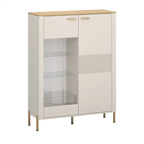 Vitrina joasa RUBEN, 2 usi, geam, casmir + stejar piatra, 116,4x42,2x153 cm
