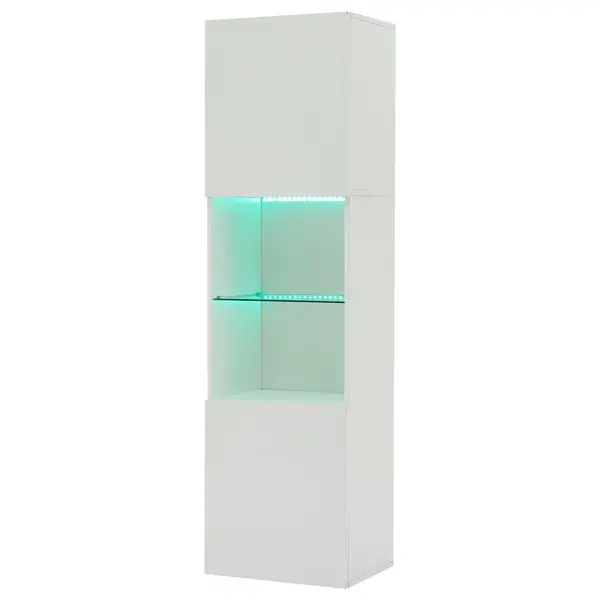 Vitrină lucioasă cu iluminare LED, 1 raft de sticlă, 45x35x160 cm, Alb