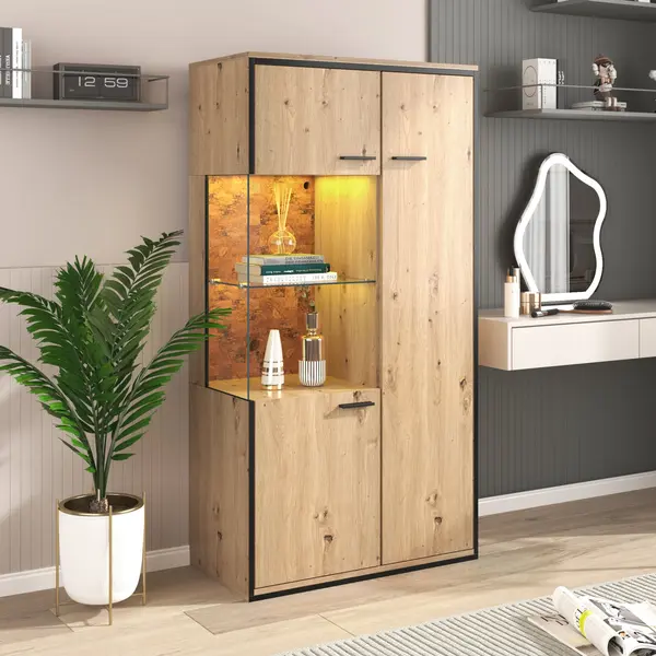 Vitrină modernă cu iluminare LED, Culoare naturală | Aosom Romania