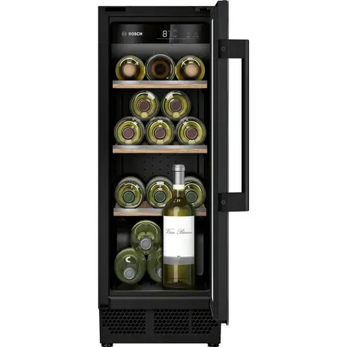 Vitrina pentru vinuri incorporabila Bosch KUW20VHF0, 58 l, 21 sticle, Clasa F, Racire interioara dinamica cu ventilator, H 82 cm (Negru)