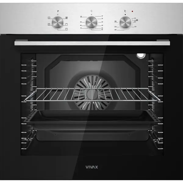 VIVAX Cuptor incorporabil Vivax BO-806BFTM X, Electric, Clasa A, Capacitate 80 l, 5 programe + Lumina, Grill, Convectie, Temperatura ajustabila 40–240°C, 2500W, Timer, Ghidaje cromate detasabile, Usa dubla din sticla, Ventilatie tangentiala de racire, In