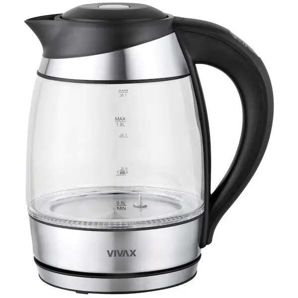 VIVAX Fierbator din sticla Vivax WH-180TC, leduri iluminare apa, putere 1850 - 2200 W, 1.8 litri, Inox-Negru