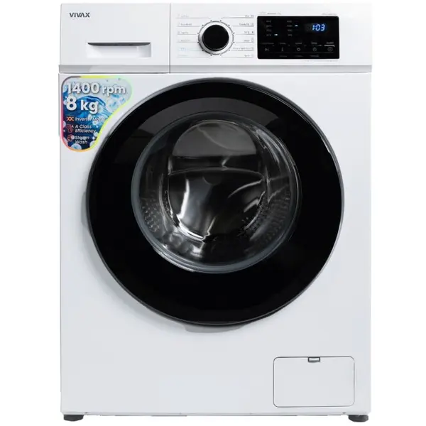 VIVAX Masina de spalat rufe Vivax WFL-140812CI, 8kg, 1400 RPM, BLDC Motor Inverter, Clasa A, Steam, Baby Care, Eco, Display digital, Control electronic, Drum Clean Sterilization, Quick Wash, Delay Start, 12 Programe, Alb
