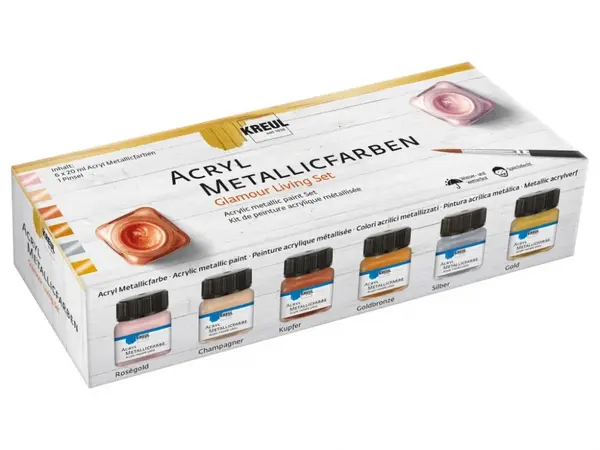 Vopsea acrilica metallic cu pensula inclusa, Glamour Living Kreul, set 6 buc x 20 ml