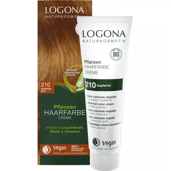 Vopsea de Par Crema, Bio, Rosu Cupru 210, 150 ml, Logona